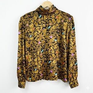 VTG TESS Baroque Gemstone Print Mock Neck Blouse Back Button Satin Top Size 8